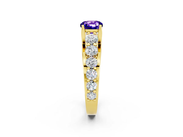 Yellow gold Cushion Cut Tanzanite Engagement Ring with Pavé Band and Four-Prong Setting