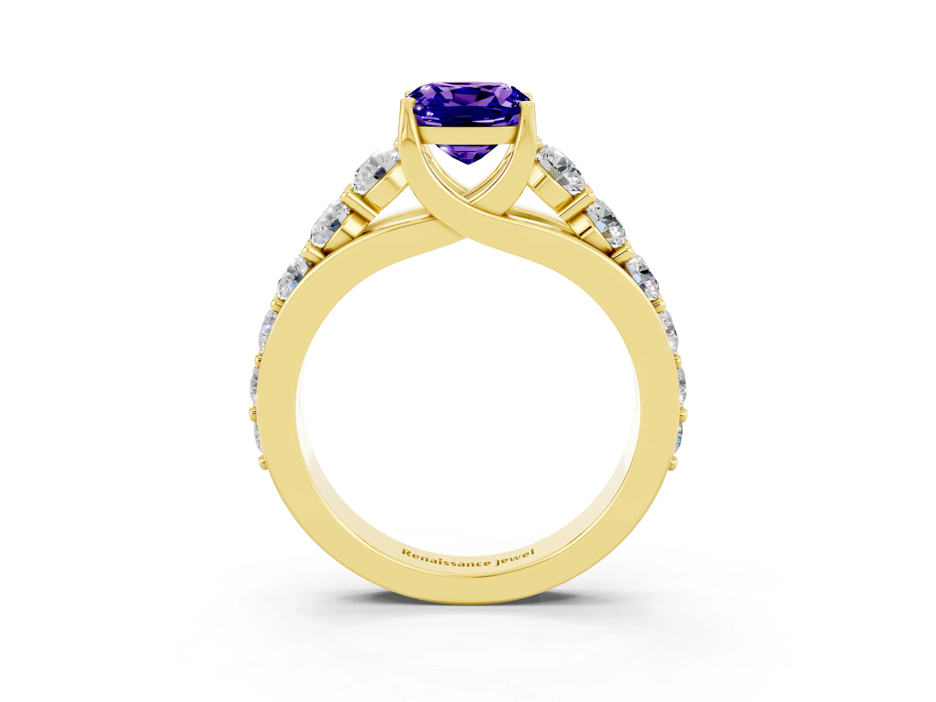 Yellow gold Cushion Cut Tanzanite Engagement Ring with Pavé Band and Four-Prong Setting_3