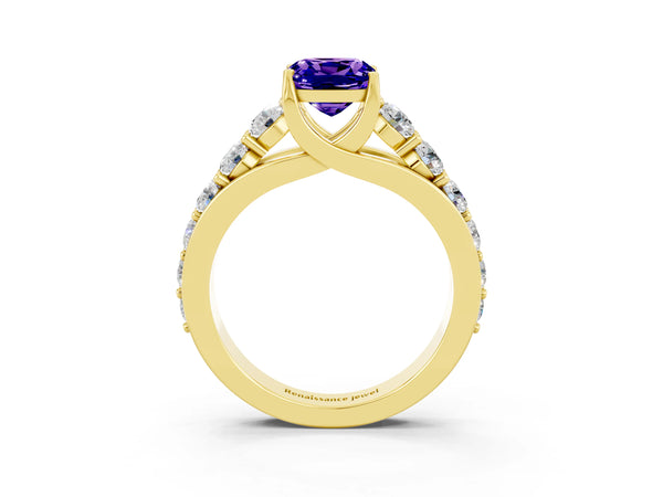 Yellow gold Cushion Cut Tanzanite Engagement Ring with Pavé Band and Four-Prong Setting