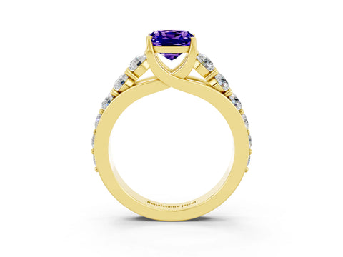Yellow gold Cushion Cut Tanzanite Engagement Ring with Pavé Band and Four-Prong Setting_3