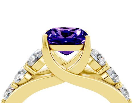 Yellow gold Cushion Cut Tanzanite Engagement Ring with Pavé Band and Four-Prong Setting_4