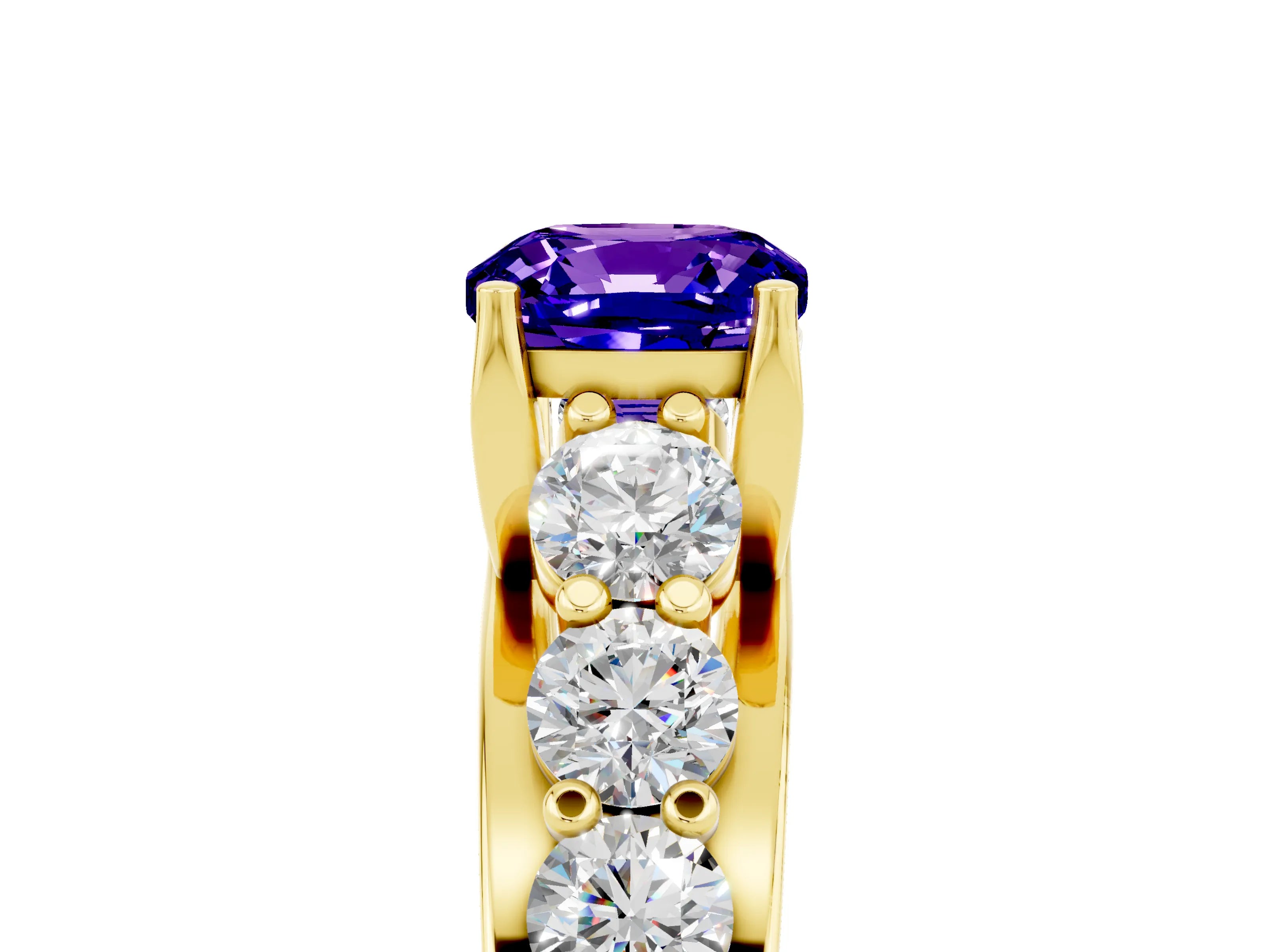 Yellow gold Cushion Cut Tanzanite Engagement Ring with Pavé Band and Four-Prong Setting_5