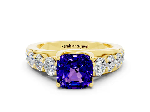 Yellow gold Cushion Cut Tanzanite Engagement Ring with Pavé Band and Four-Prong Setting