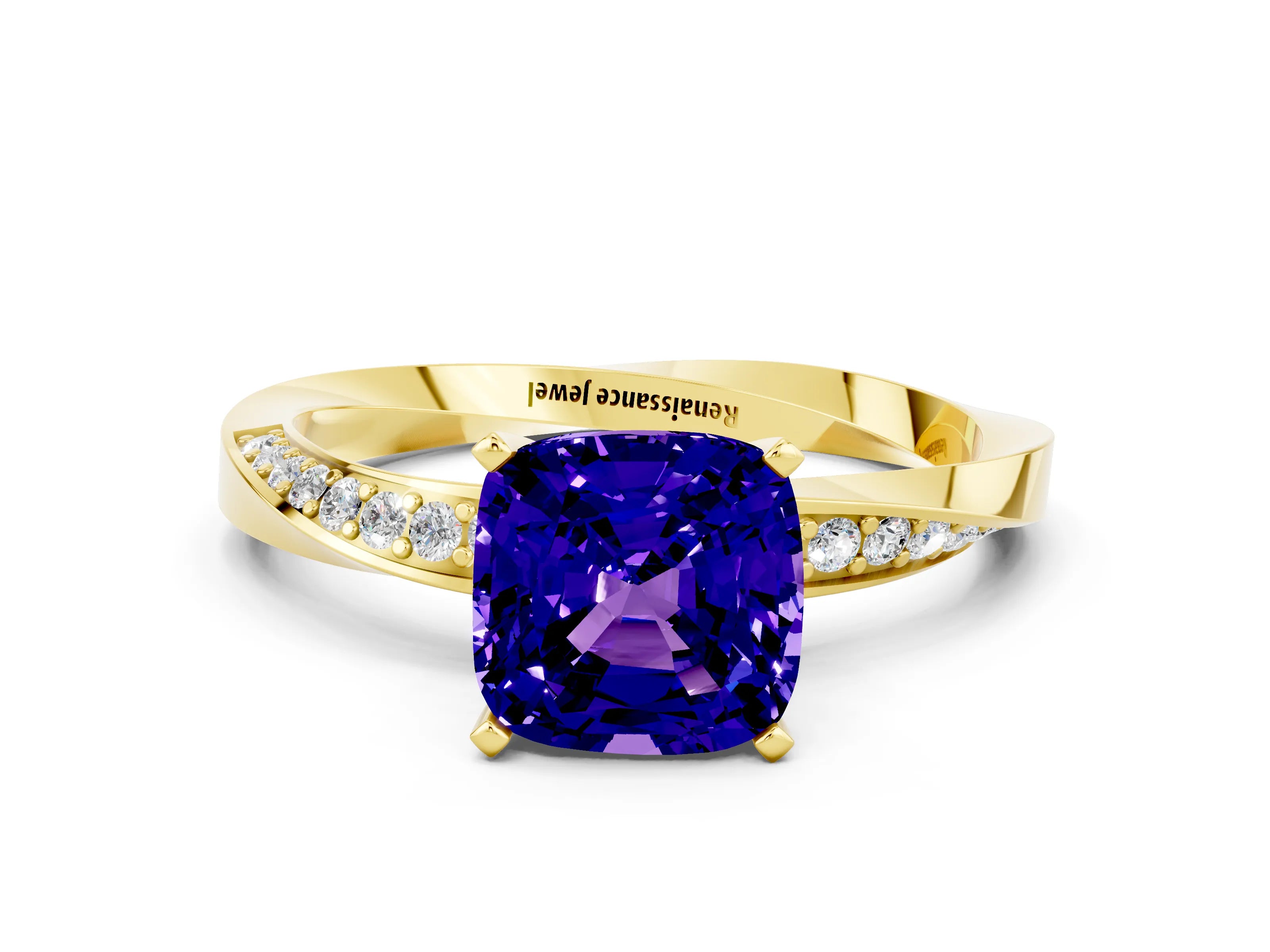 Yellow gold Cushion Cut Tanzanite Engagement Ring with Side Stone Accents and Four-Prong Setting_27