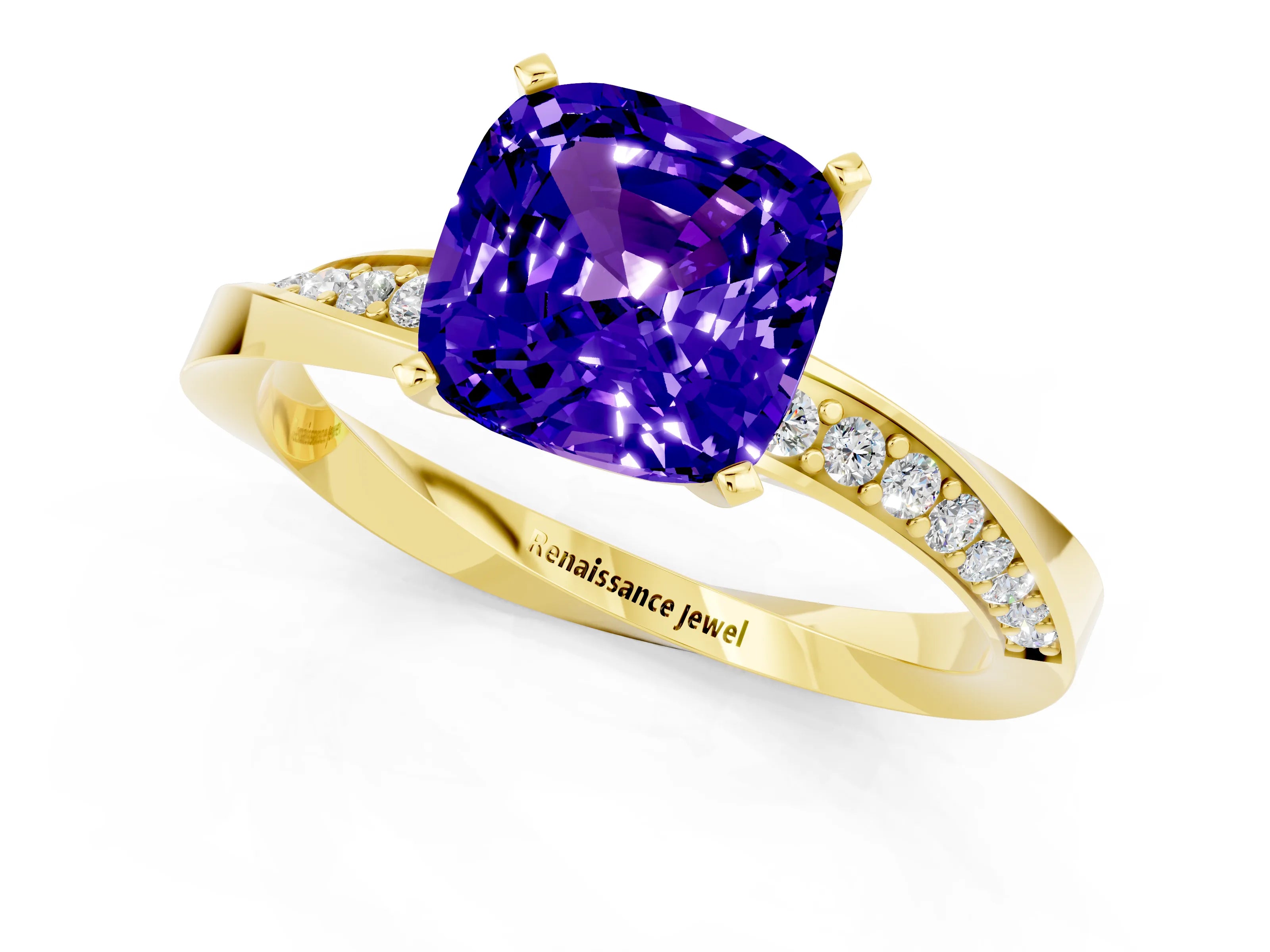 Yellow gold Cushion Cut Tanzanite Engagement Ring with Side Stone Accents and Four-Prong Setting_28