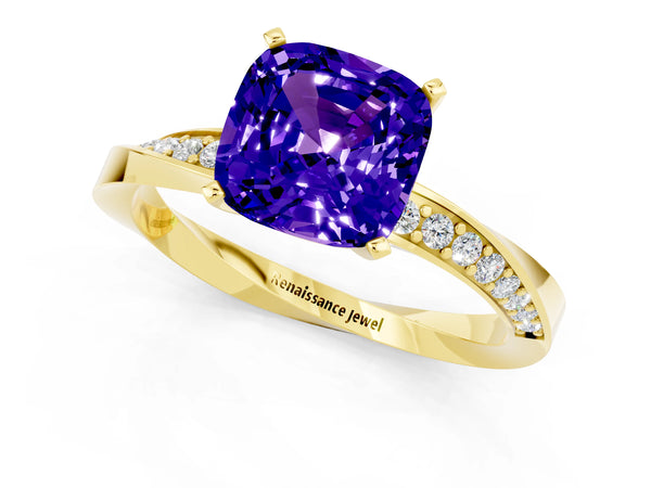 Yellow gold Cushion Cut Tanzanite Engagement Ring with Side Stone Accents and Four-Prong Setting