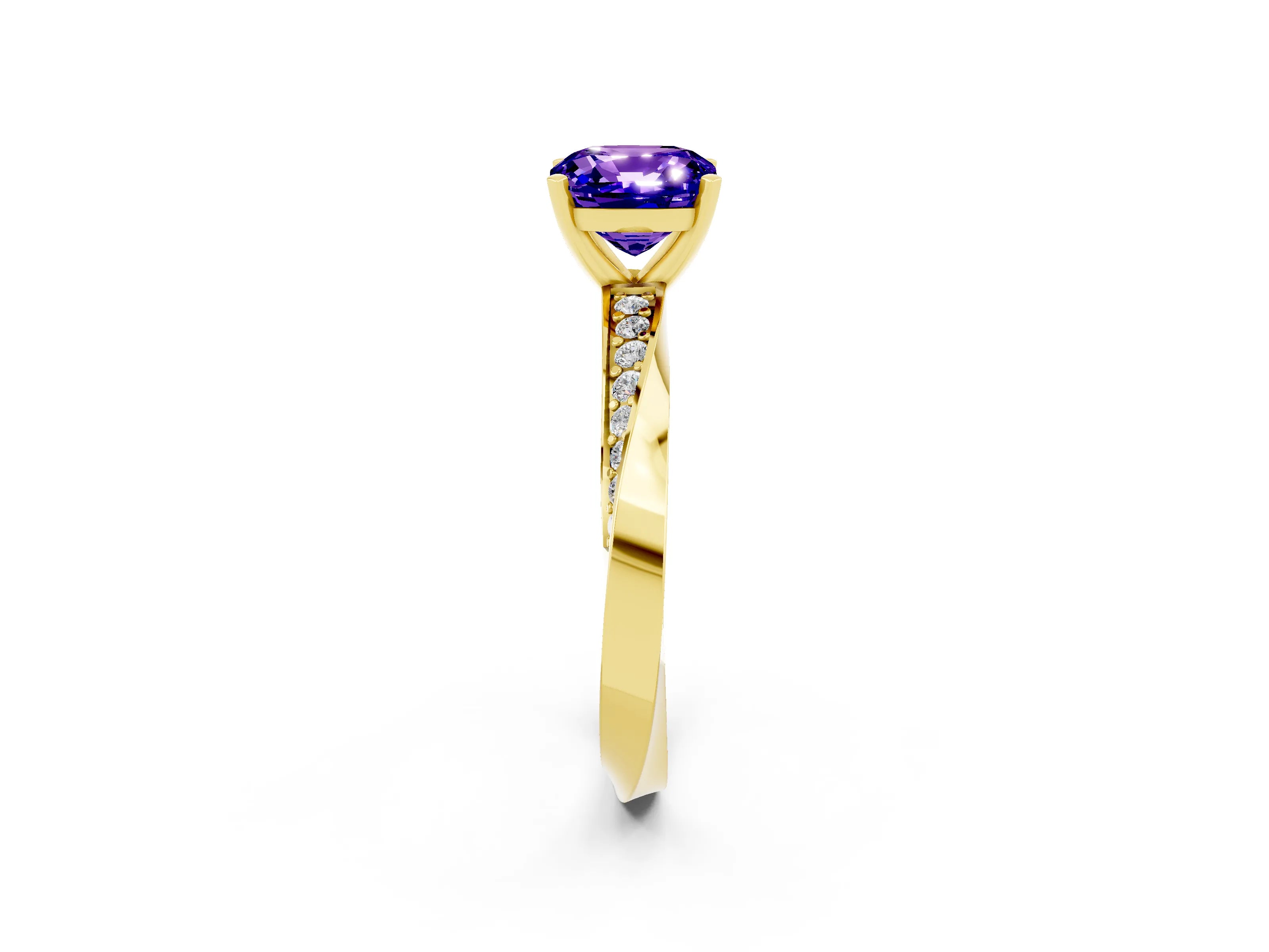 Yellow gold Cushion Cut Tanzanite Engagement Ring with Side Stone Accents and Four-Prong Setting_29