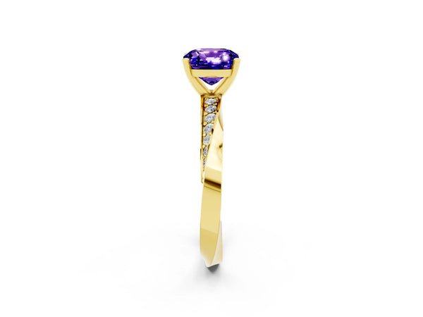 Yellow gold Cushion Cut Tanzanite Engagement Ring with Side Stone Accents and Four-Prong Setting