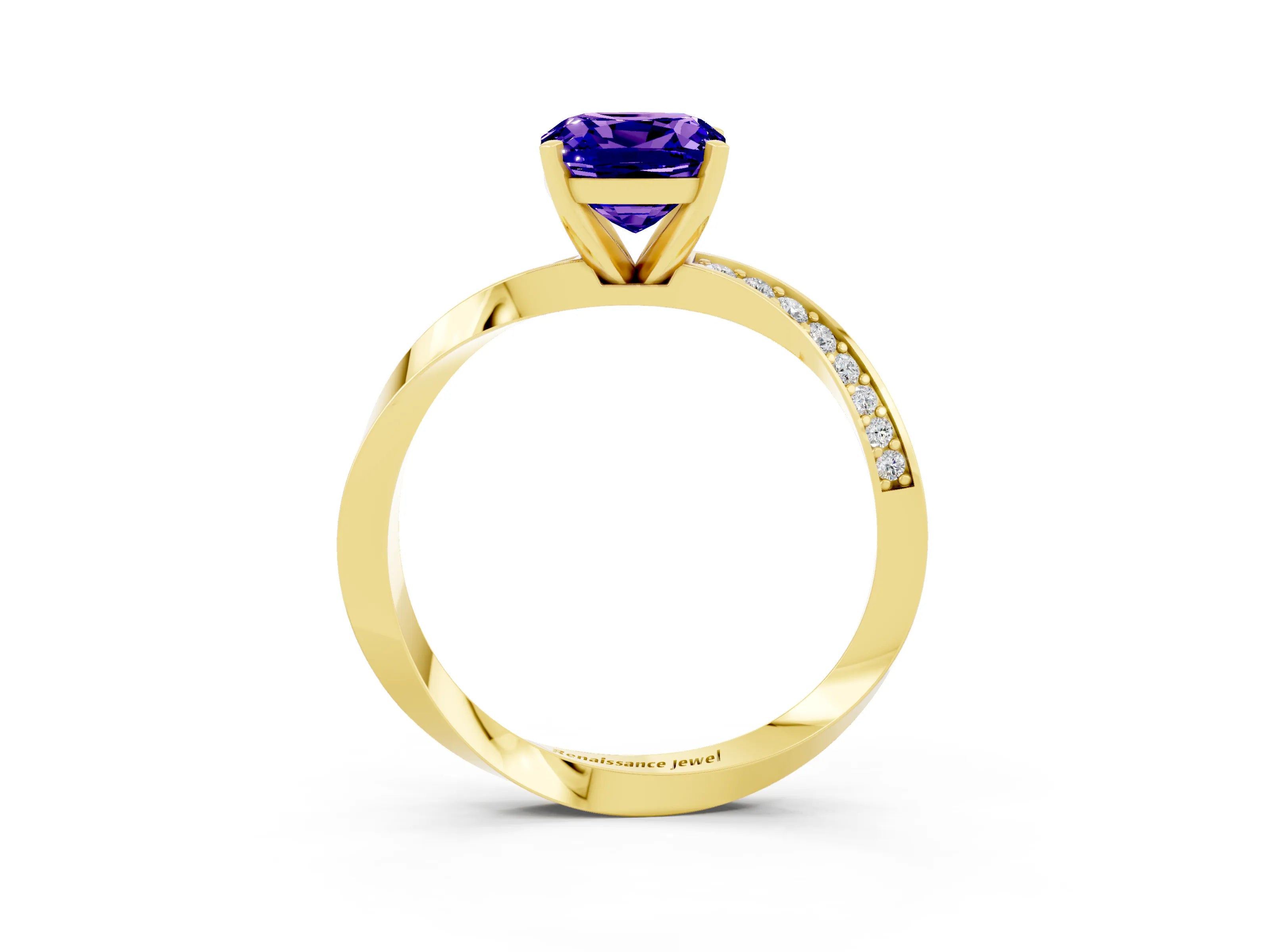 Yellow gold Cushion Cut Tanzanite Engagement Ring with Side Stone Accents and Four-Prong Setting_30