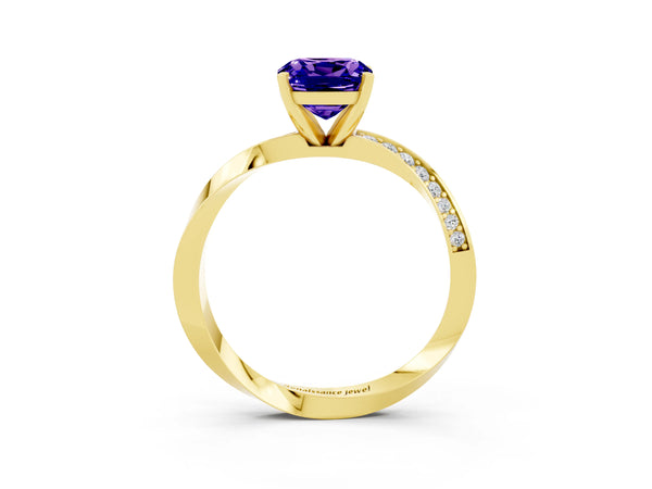 Yellow gold Cushion Cut Tanzanite Engagement Ring with Side Stone Accents and Four-Prong Setting
