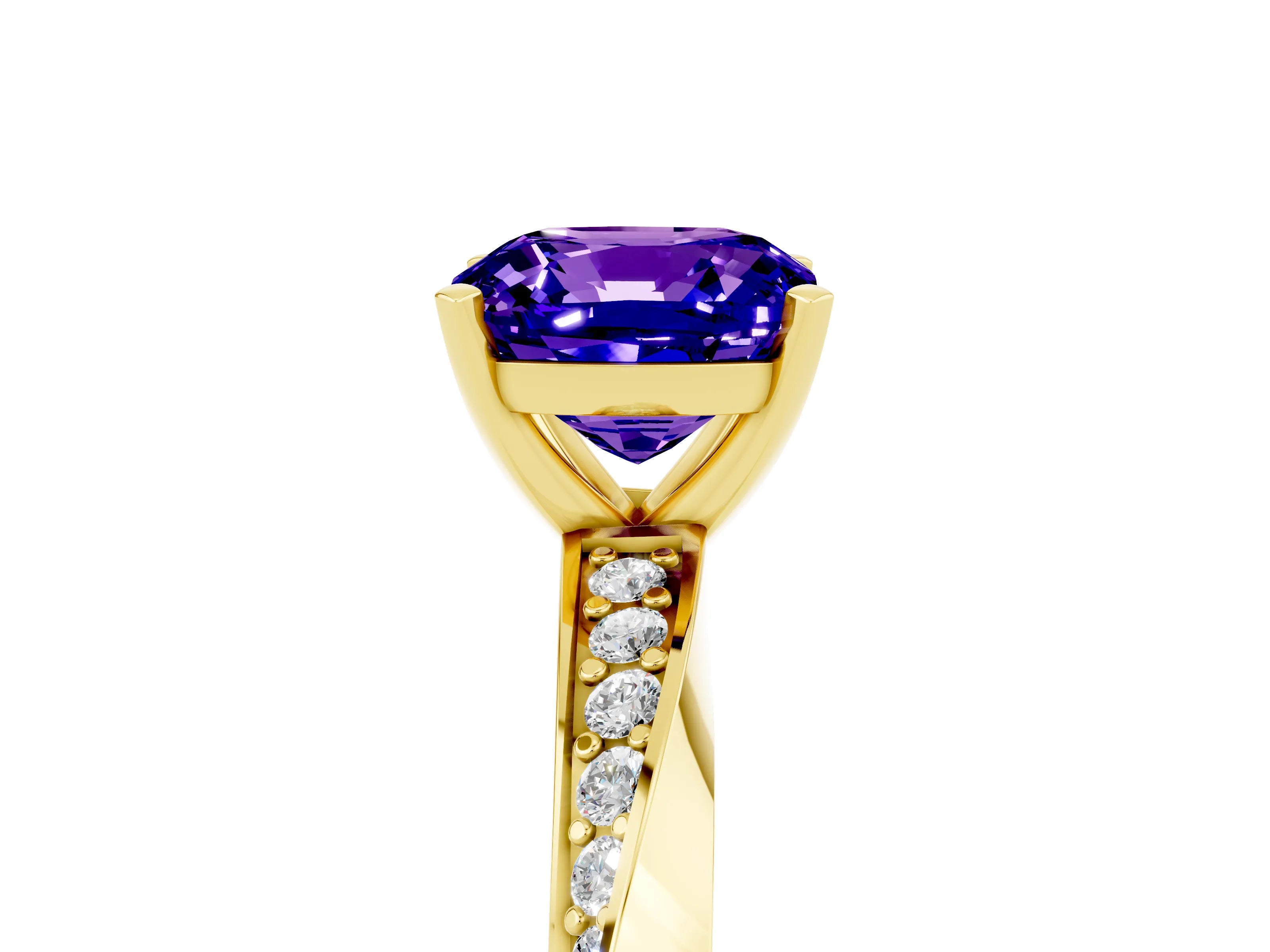 Yellow gold Cushion Cut Tanzanite Engagement Ring with Side Stone Accents and Four-Prong Setting_32