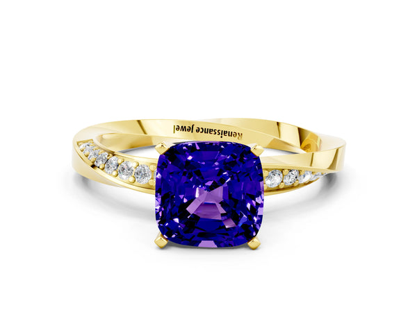 Yellow gold Cushion Cut Tanzanite Engagement Ring with Side Stone Accents and Four-Prong Setting