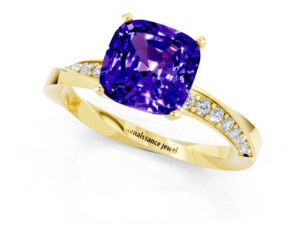 Yellow gold Cushion Cut Tanzanite Engagement Ring with Side Stone Accents and Four-Prong Setting