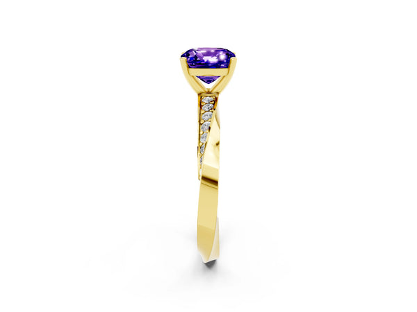 Yellow gold Cushion Cut Tanzanite Engagement Ring with Side Stone Accents and Four-Prong Setting