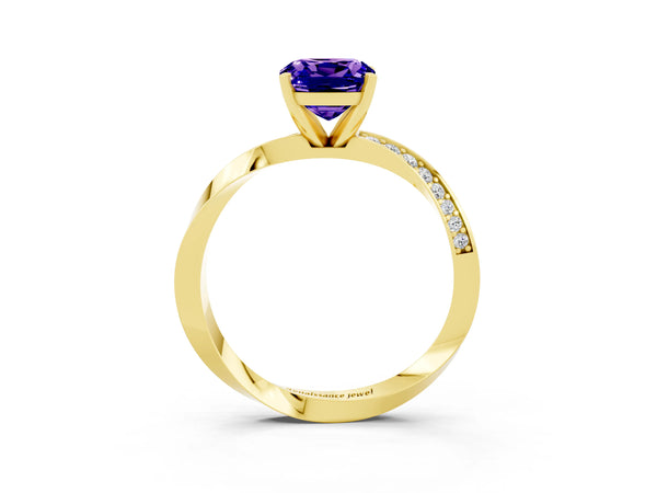 Yellow gold Cushion Cut Tanzanite Engagement Ring with Side Stone Accents and Four-Prong Setting