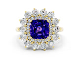 Yellow gold Cushion Cut Tanzanite Floral Double Halo Engagement Ring with Prong Setting_12
