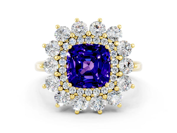 Yellow gold Cushion Cut Tanzanite Floral Double Halo Engagement Ring with Prong Setting
