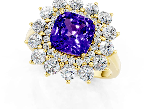Yellow gold Cushion Cut Tanzanite Floral Double Halo Engagement Ring with Prong Setting
