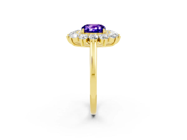 Yellow gold Cushion Cut Tanzanite Floral Double Halo Engagement Ring with Prong Setting