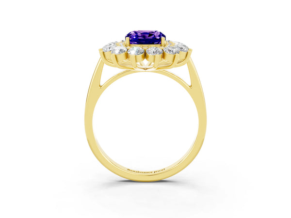 Yellow gold Cushion Cut Tanzanite Floral Double Halo Engagement Ring with Prong Setting