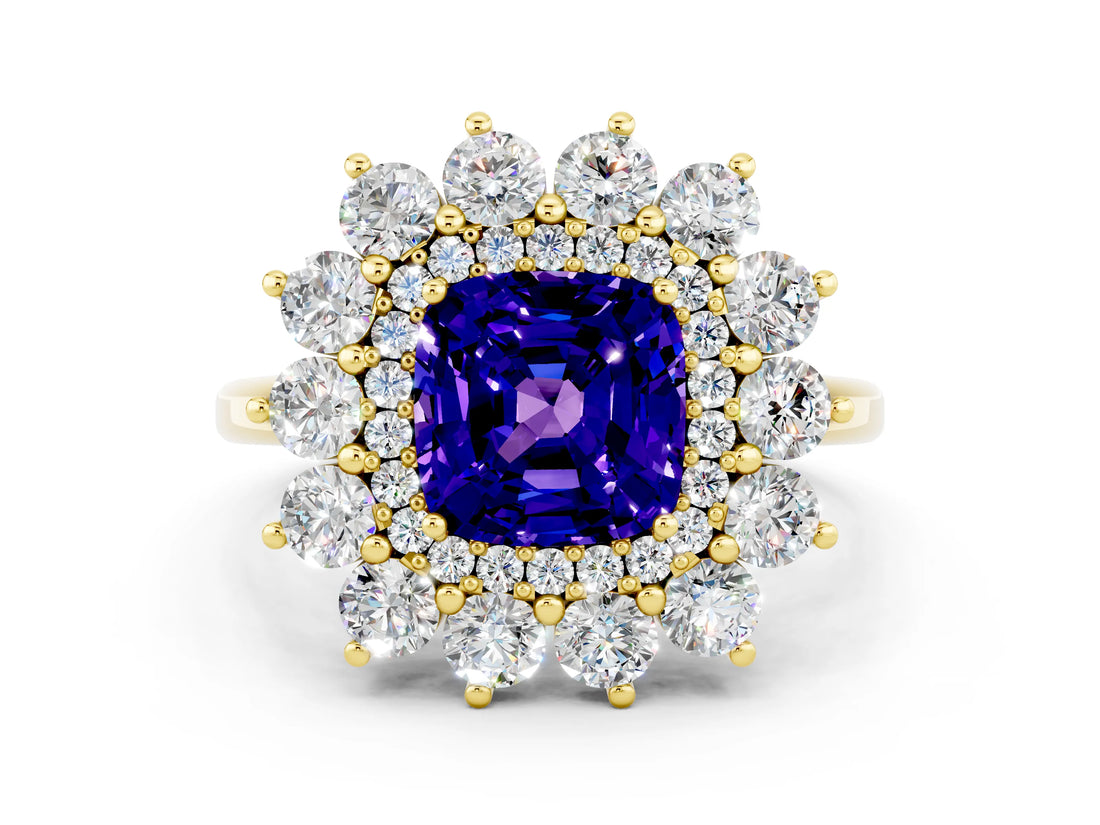 Yellow gold Cushion Cut Tanzanite Floral Double Halo Engagement Ring with Prong Setting_60