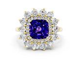 Yellow gold Cushion Cut Tanzanite Floral Double Halo Engagement Ring with Prong Setting_60