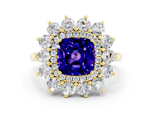 Yellow gold Cushion Cut Tanzanite Floral Double Halo Engagement Ring with Prong Setting