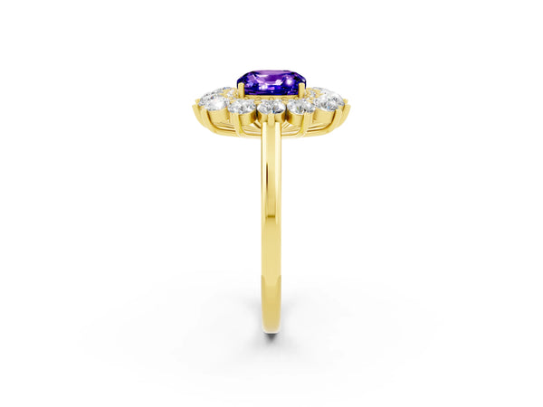 Yellow gold Cushion Cut Tanzanite Floral Double Halo Engagement Ring with Prong Setting