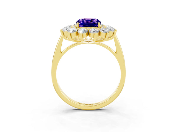 Yellow gold Cushion Cut Tanzanite Floral Double Halo Engagement Ring with Prong Setting
