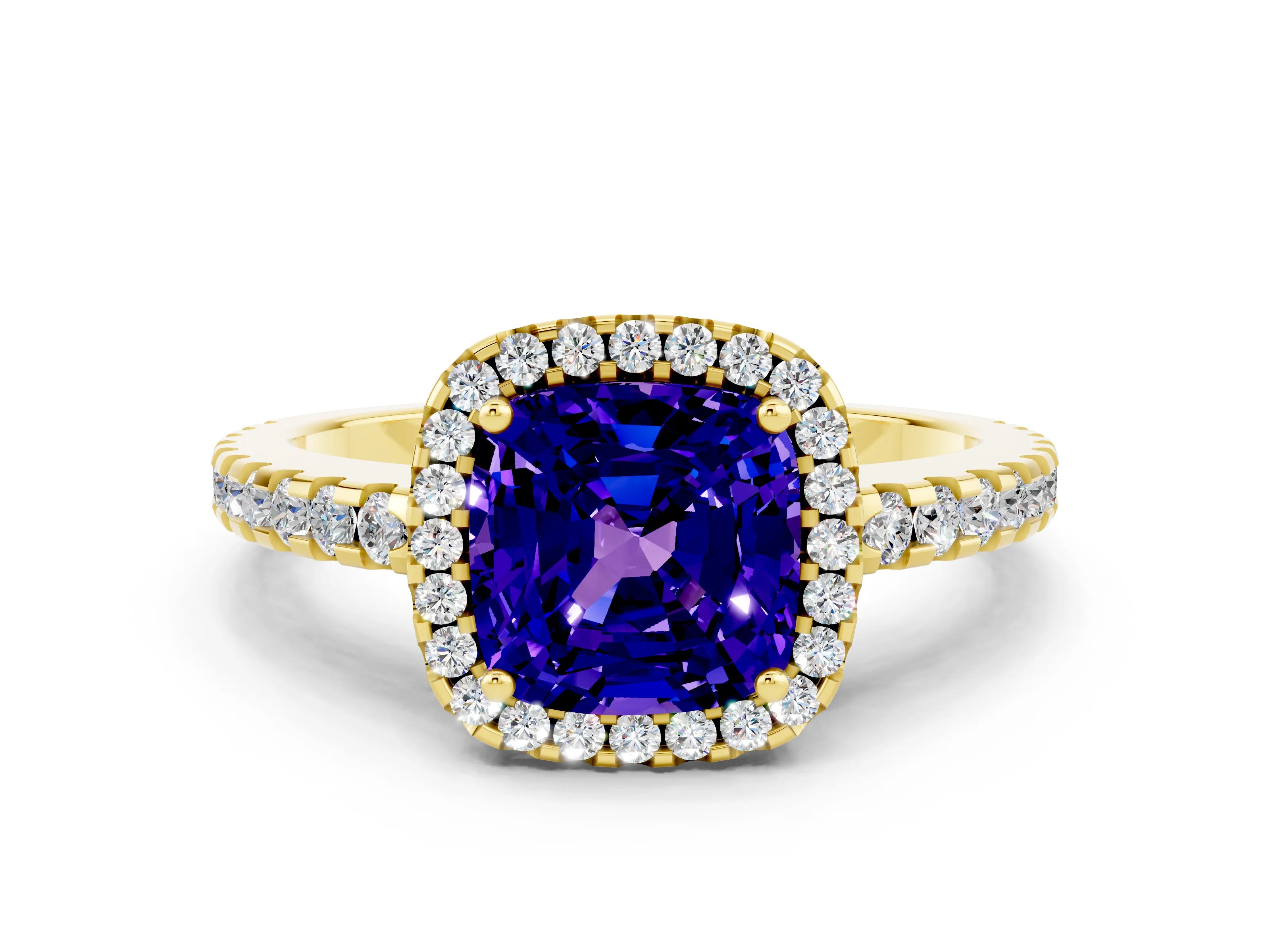Yellow gold Cushion Cut Tanzanite Halo Engagement Ring with Pavé Band and Prong Setting_12