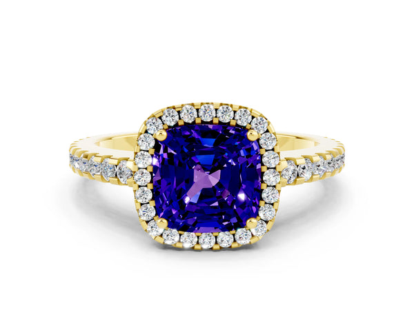 Yellow gold Cushion Cut Tanzanite Halo Engagement Ring with Pavé Band and Prong Setting