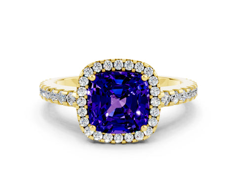 Yellow gold Cushion Cut Tanzanite Halo Engagement Ring with Pavé Band and Prong Setting_12