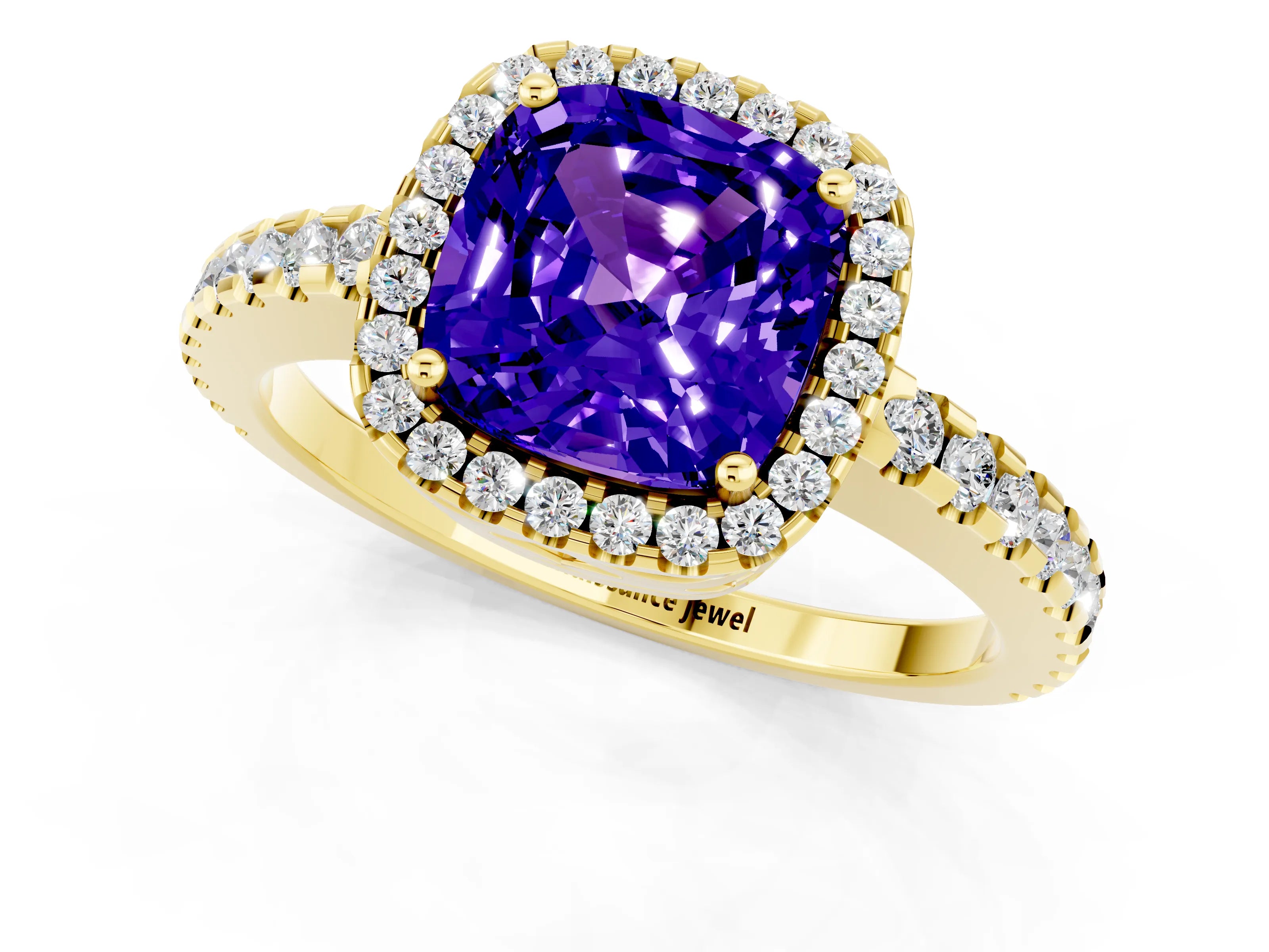Yellow gold Cushion Cut Tanzanite Halo Engagement Ring with Pavé Band and Prong Setting_13