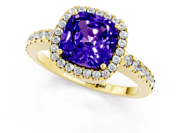 Yellow gold Cushion Cut Tanzanite Halo Engagement Ring with Pavé Band and Prong Setting