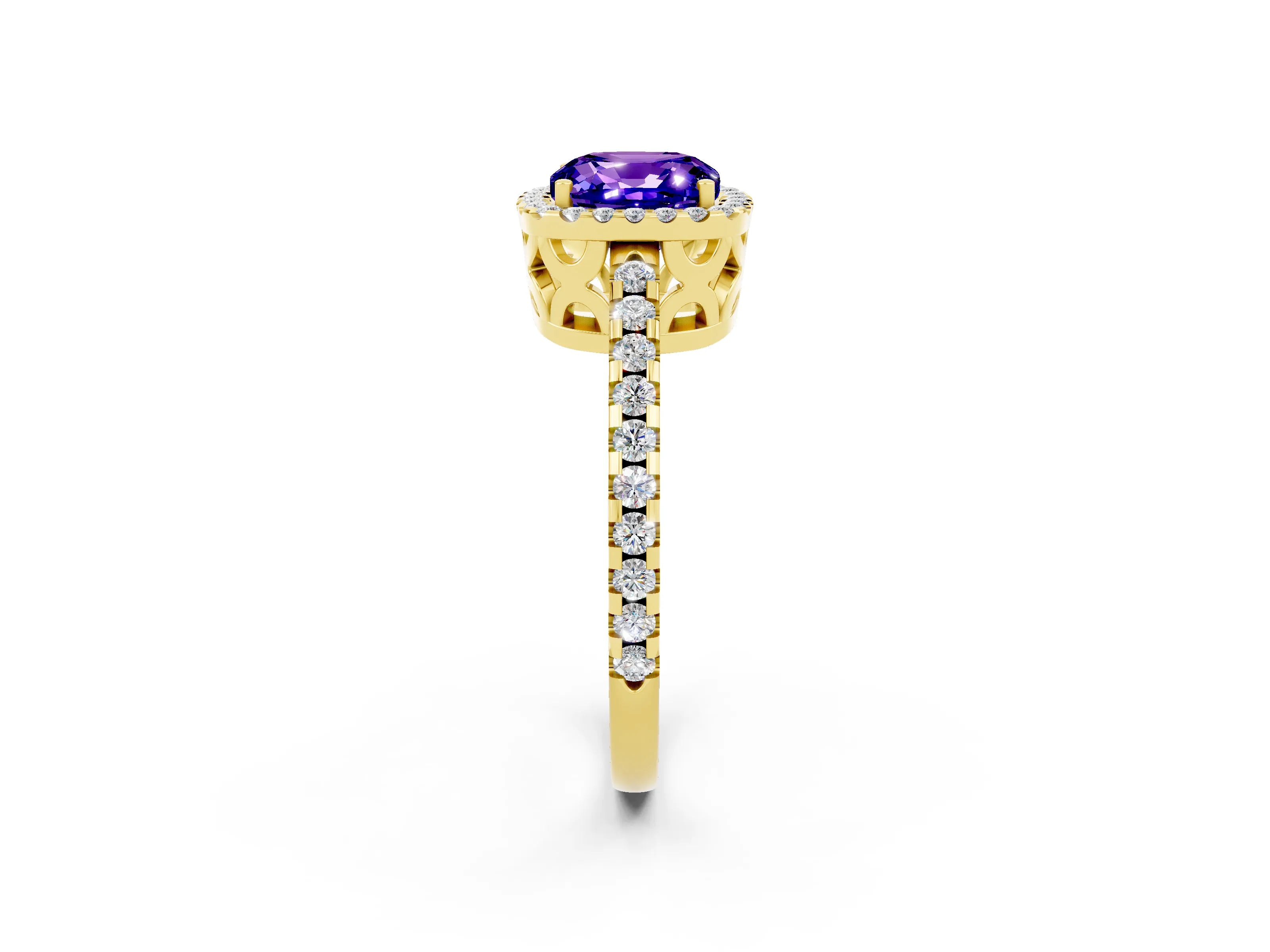 Yellow gold Cushion Cut Tanzanite Halo Engagement Ring with Pavé Band and Prong Setting_14