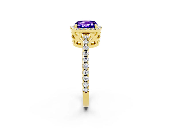 Yellow gold Cushion Cut Tanzanite Halo Engagement Ring with Pavé Band and Prong Setting