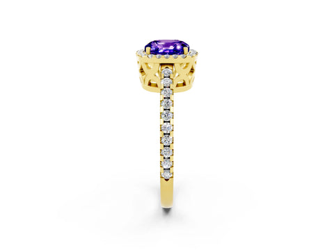 Yellow gold Cushion Cut Tanzanite Halo Engagement Ring with Pavé Band and Prong Setting_14