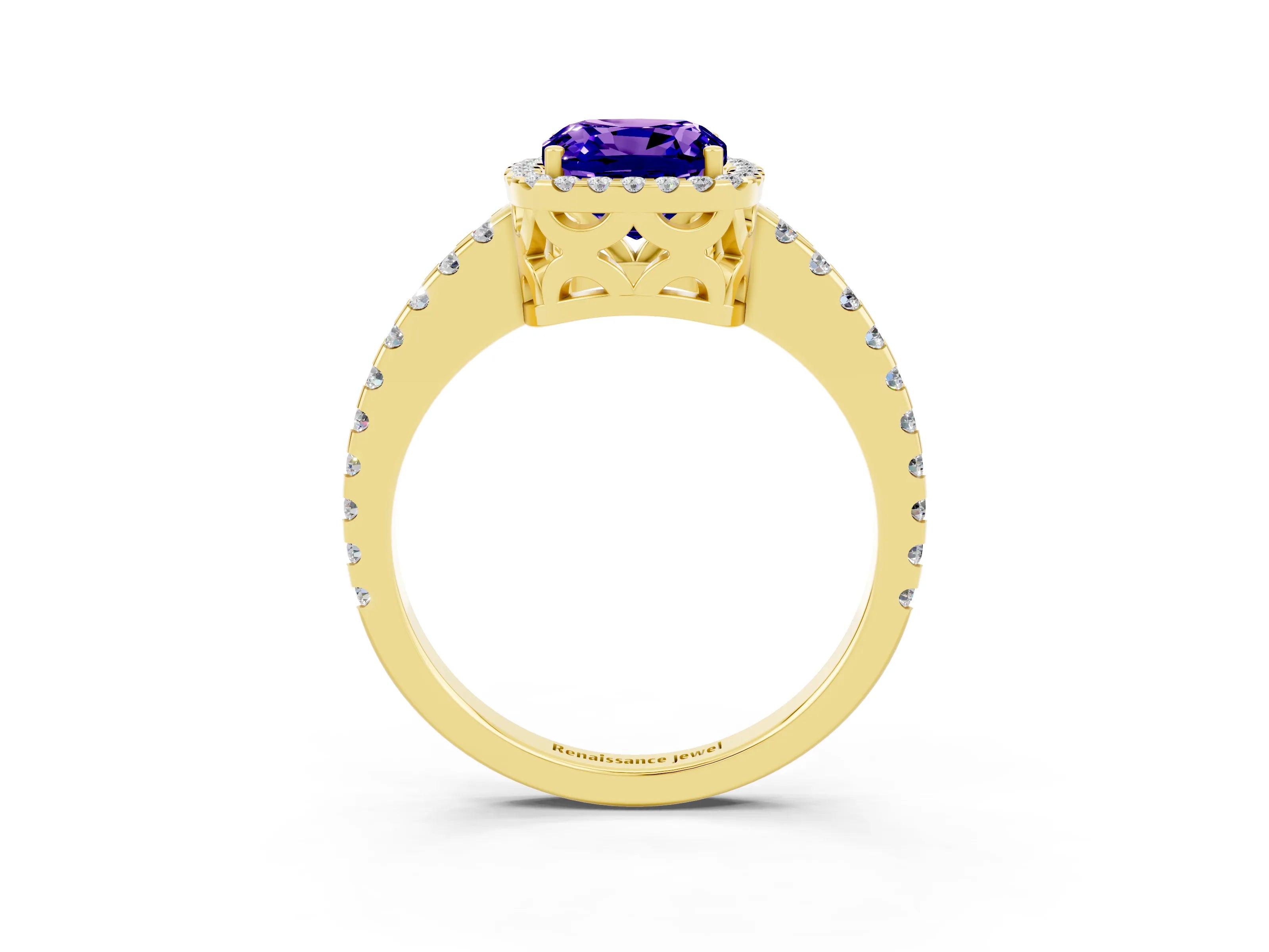 Yellow gold Cushion Cut Tanzanite Halo Engagement Ring with Pavé Band and Prong Setting_15