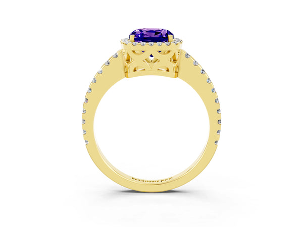 Yellow gold Cushion Cut Tanzanite Halo Engagement Ring with Pavé Band and Prong Setting