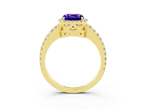 Yellow gold Cushion Cut Tanzanite Halo Engagement Ring with Pavé Band and Prong Setting_15