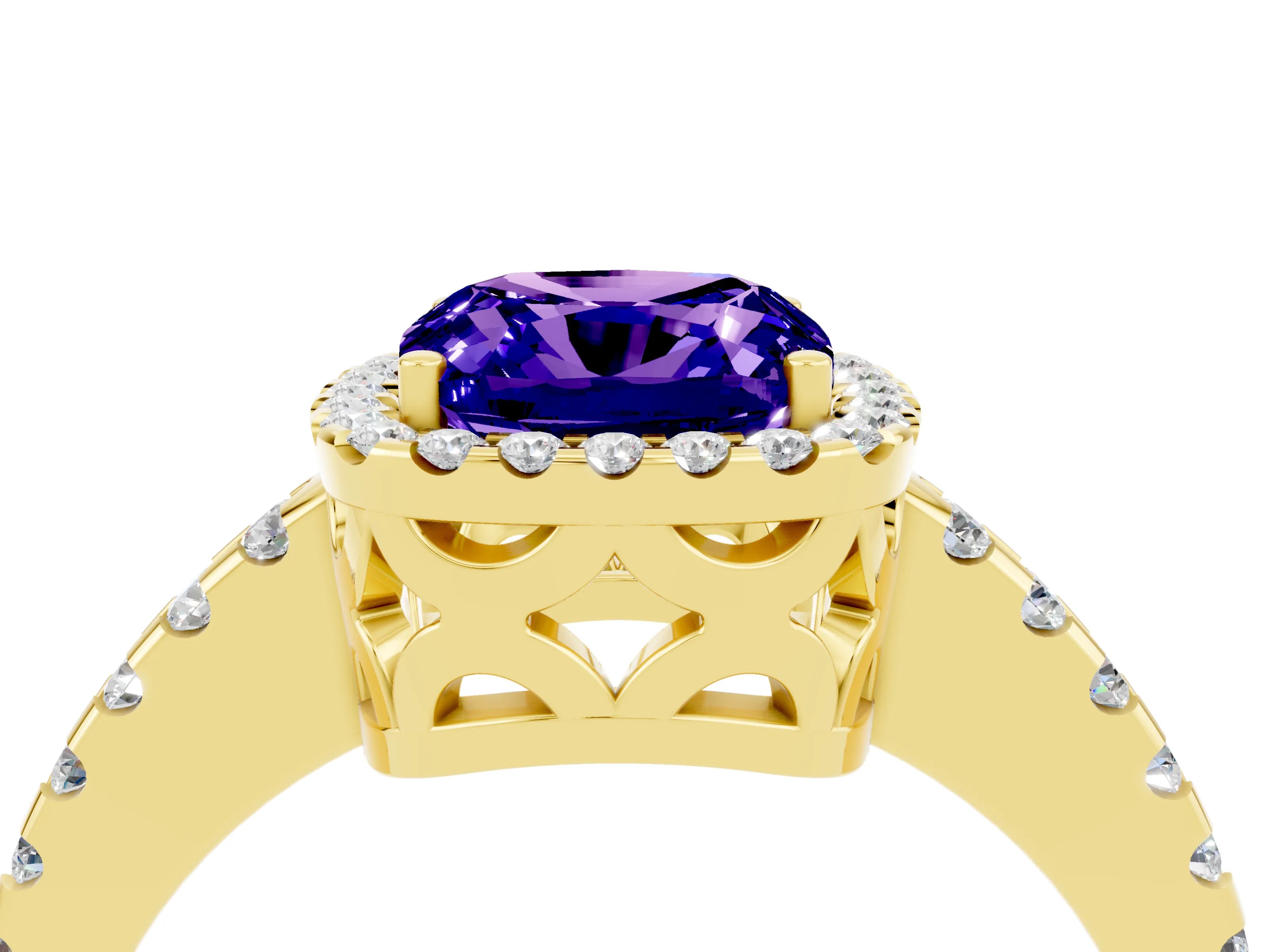 Yellow gold Cushion Cut Tanzanite Halo Engagement Ring with Pavé Band and Prong Setting_16
