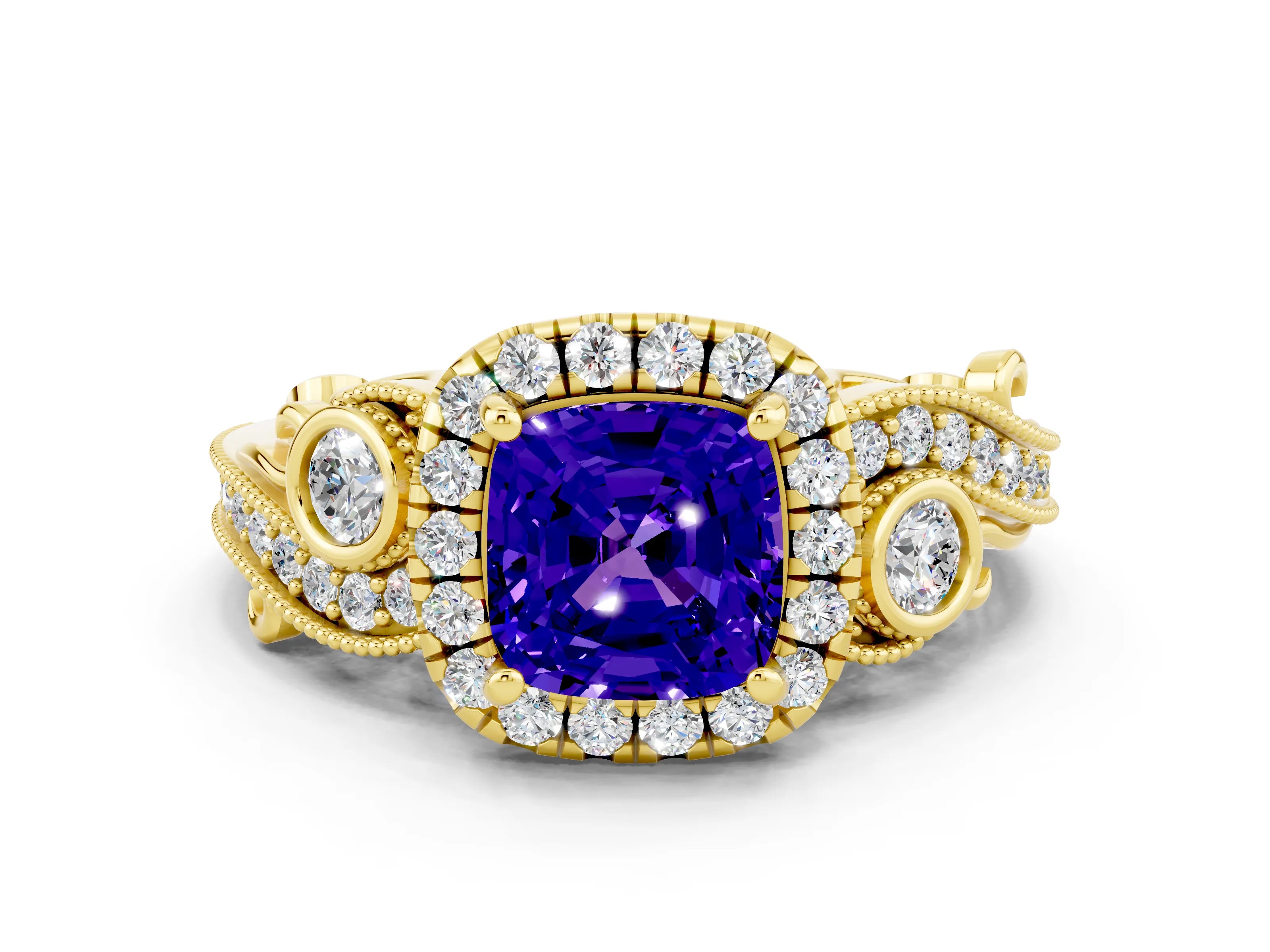Yellow gold Cushion Cut Tanzanite Halo Ring with Milgrain Pavé Band and Four-Prong Setting_12