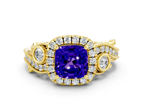 Yellow gold Cushion Cut Tanzanite Halo Ring with Milgrain Pavé Band and Four-Prong Setting_12
