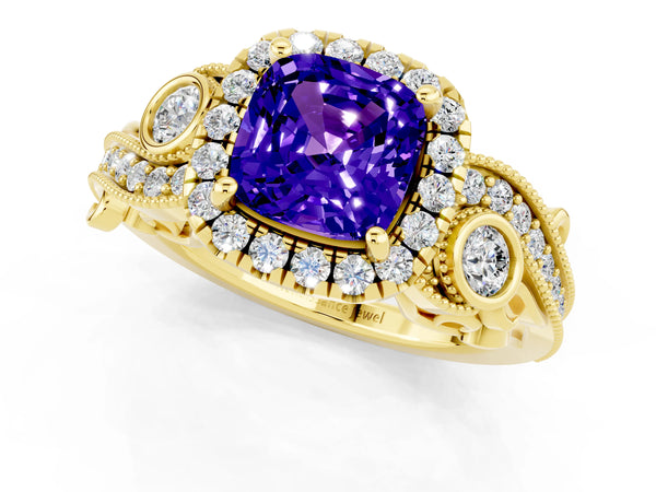 Yellow gold Cushion Cut Tanzanite Halo Ring with Milgrain Pavé Band and Four-Prong Setting