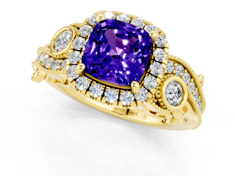 Yellow gold Cushion Cut Tanzanite Halo Ring with Milgrain Pavé Band and Four-Prong Setting_13