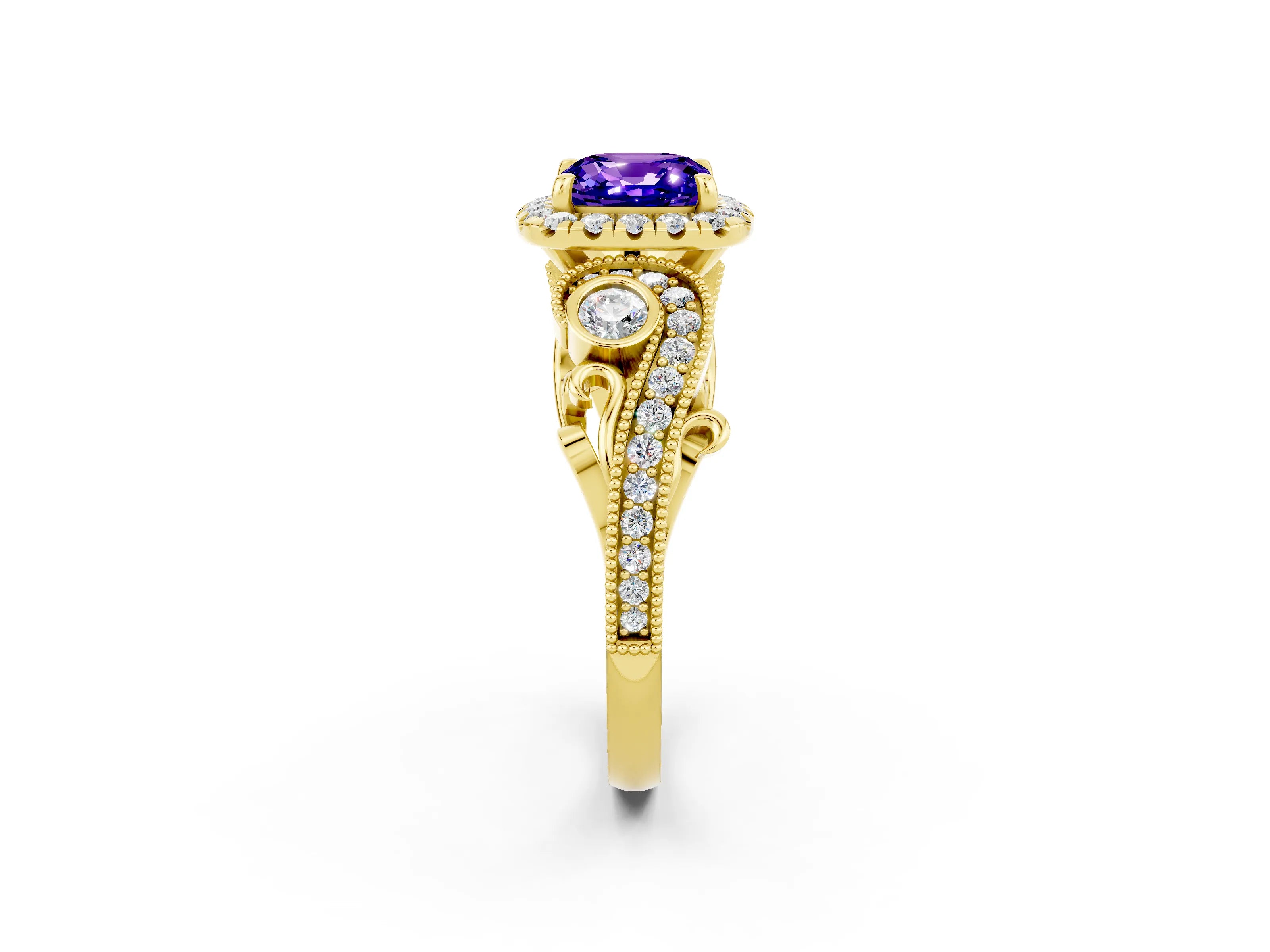 Yellow gold Cushion Cut Tanzanite Halo Ring with Milgrain Pavé Band and Four-Prong Setting_14