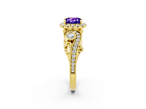 Yellow gold Cushion Cut Tanzanite Halo Ring with Milgrain Pavé Band and Four-Prong Setting_14
