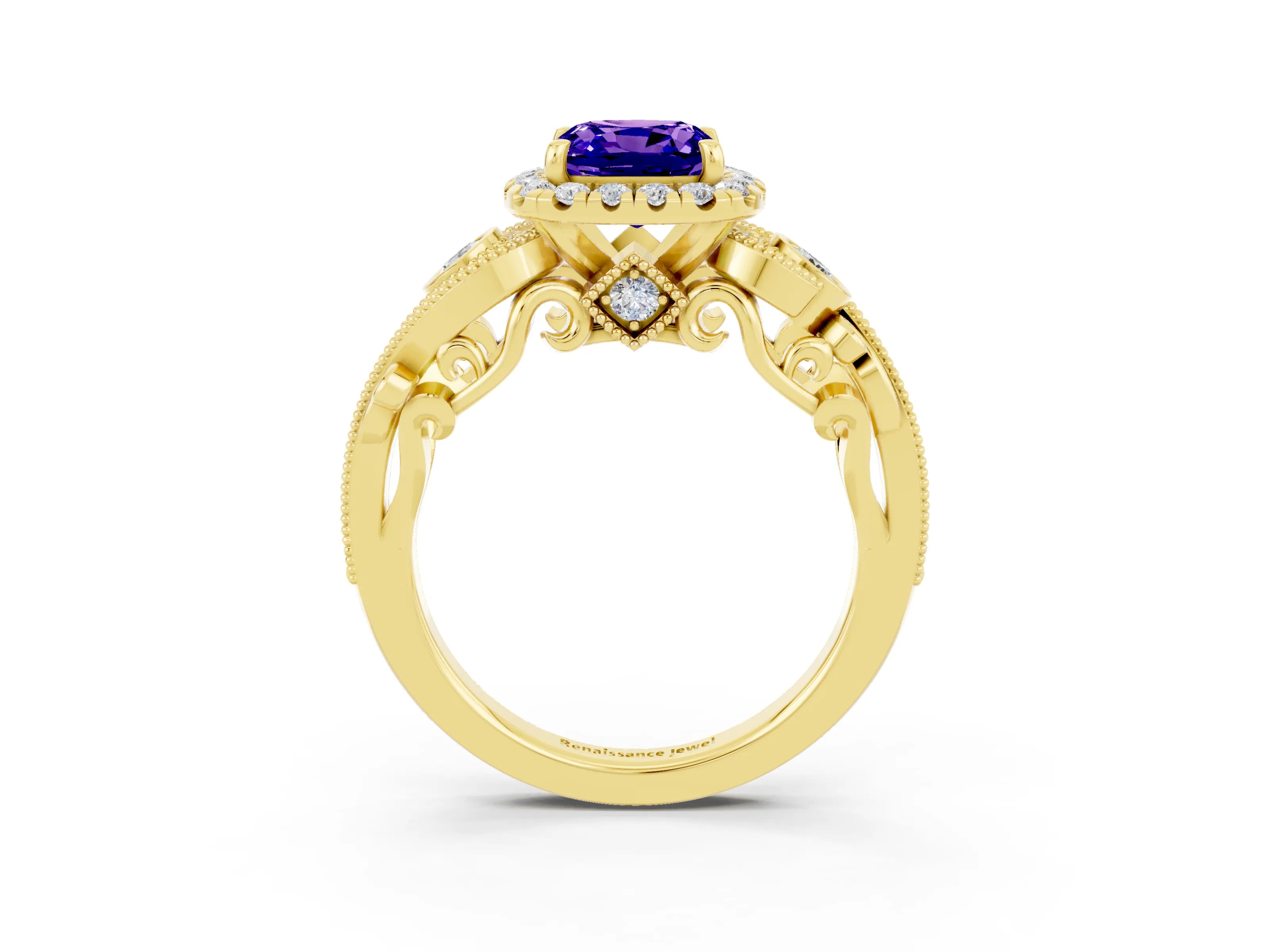 Yellow gold Cushion Cut Tanzanite Halo Ring with Milgrain Pavé Band and Four-Prong Setting_15