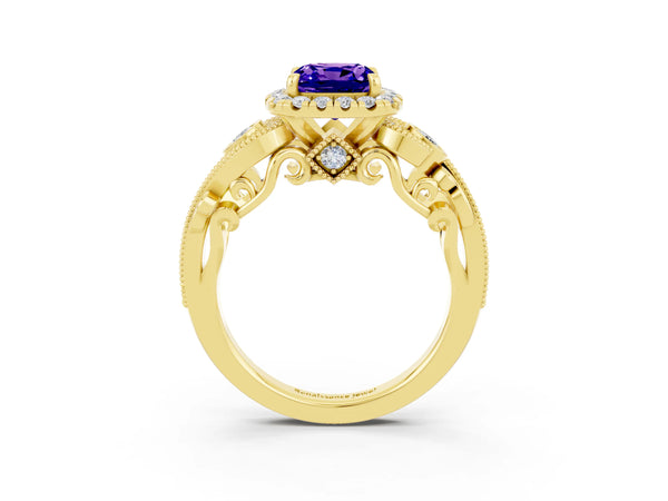 Yellow gold Cushion Cut Tanzanite Halo Ring with Milgrain Pavé Band and Four-Prong Setting