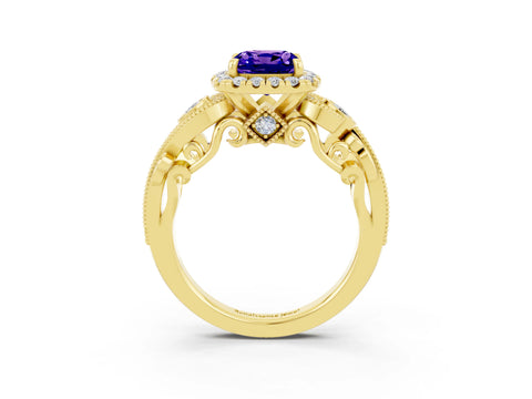 Yellow gold Cushion Cut Tanzanite Halo Ring with Milgrain Pavé Band and Four-Prong Setting_15